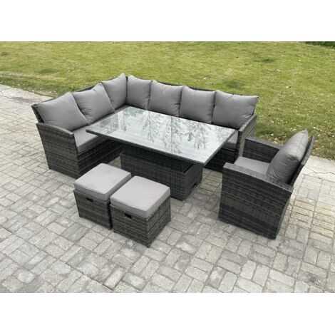 Fimous Salon de Jardin en Rotin PE Ensemble canapé et table à manger réglable en hauteur avec 2 Petits repose-pieds Fauteuils Gris foncé mélangé