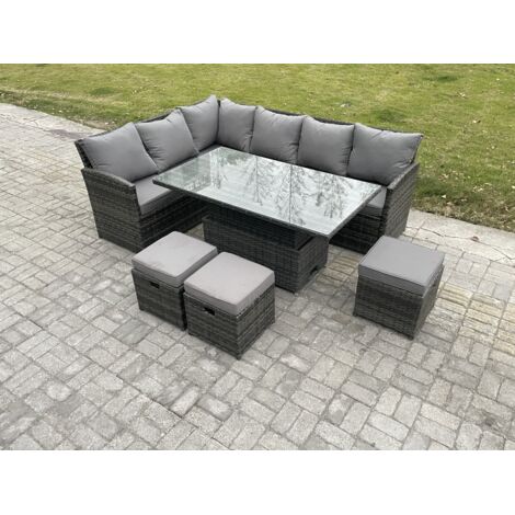 Fimous Salon de Jardin en Rotin PE Ensemble canapé et table à manger réglable en hauteur avec 3 Petits tabourets Gris foncé mélangé