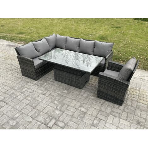 Fimous Salon de Jardin en Rotin PE Ensemble canapé et table à manger réglable en hauteur avec Fauteuils Gris foncé mélangé