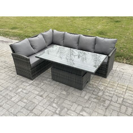 Fimous Salon de Jardin en Rotin PE Ensemble canapé et table à manger réglable en hauteur Gris foncé mélangé