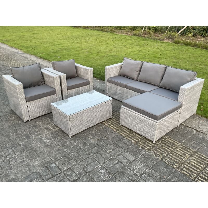Salon de Jardin Ensemble 5 places Ensemble de canapé en rotin ave Canapé 3 places 2 Fauteuil Table basse Carrée Grand Tabourets Gris Clair - Fimous