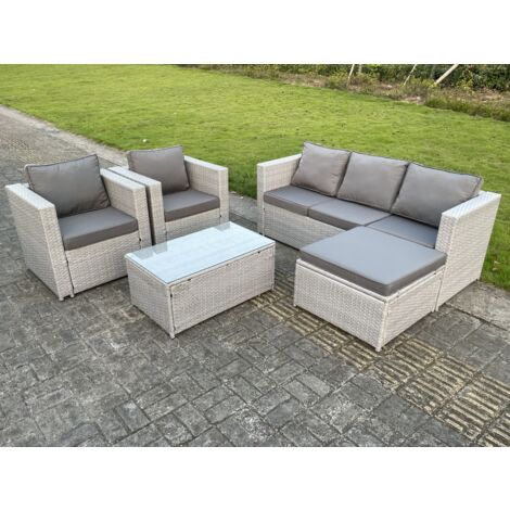 Fimous Salon de Jardin Ensemble 5 places Ensemble de canapé en rotin ave Canapé 3 places 2 Fauteuil Table basse Carrée Grand Tabourets Gris Clair