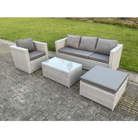 Fimous Salon de Jardin Ensemble 5 places Ensemble de canapé en rotin ave Canapé 3 places Fauteuil Table basse Carrée Grand Tabourets Gris Clair