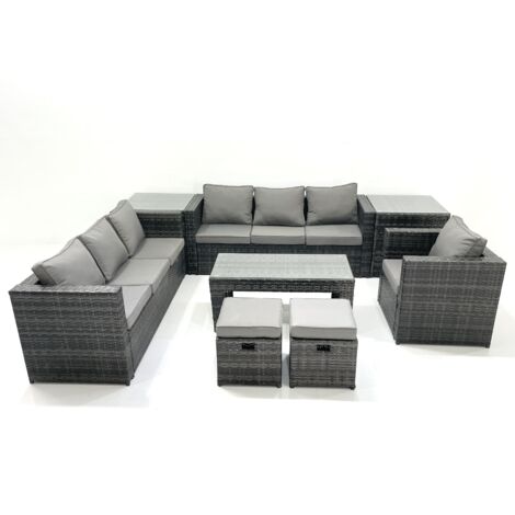 Fimous Salon de jardin Ensemble 9 places avec Dessus en verre Table basse 2 Petits tabourets 2 Tables d'appoint