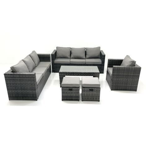 Fimous Salon de jardin Ensemble 9 places avec Dessus en verre Table basse 2 Petits tabourets