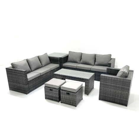 Fimous Salon de jardin Ensemble 9 places avec Dessus en verre Table basse 2 Petits tabourets Table d'appoint