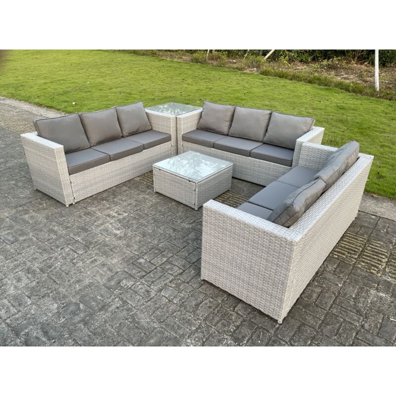 Salon de Jardin Ensemble 9 placesEnsemble de canapé en rotin ave Canapé 3 places Table d'appoint Table basse Carrée Gris Clair - Fimous