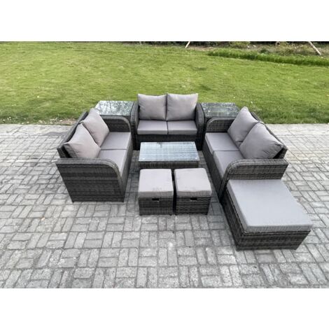 Fimous Salon de jardin Ensemble avec Canapé d'amour Table basse 2 Tables d'appoint 3 Tabourets Gris foncé mixte