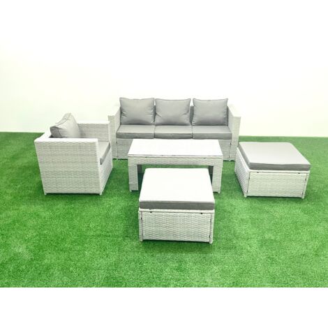 Fimous Salon de Jardin Ensemble avec Coussins gris 6 places avec 2 Grand tabourets et Table basse