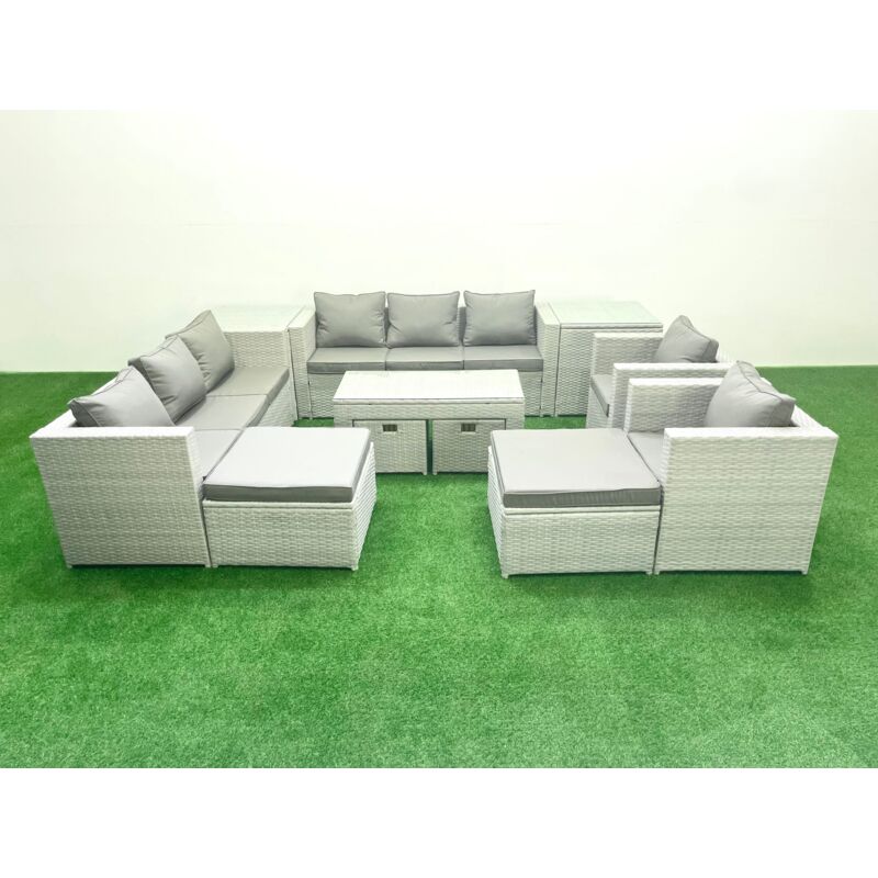 Fimous Salon de Jardin Ensemble Ensemble de canapés en rotin avec Table basse 4 Tabourets 2 Tables d'appoint Gris clair mixte 12 places