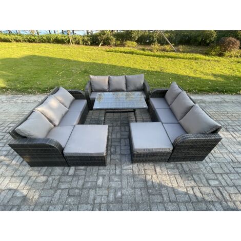 Fimous Salon de jardin exterieur 11 places Table à manger rectangulaire 2 Grand tabourets Gris foncé mixte
