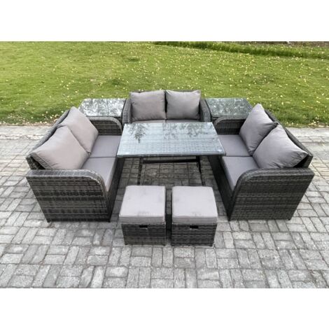 Fimous Salon de jardin exterieur 8 places avec Canapé d'amour Table à manger rectangulaire 2 Petits tabourets 2 Tables d'appoint Gris foncé mixte