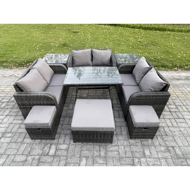 Salon de jardin exterieur avec Canapé d'amour Table à manger rectangulaire 3 Tabourets 2 Tables d'appoint Gris foncé mixte - Fimous