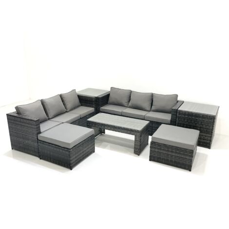 Fimous Salon de Jardin Extérieur avec Canapé Table basse 2 Grand tabourets 2 Tables d'appoint Gris foncé mixte