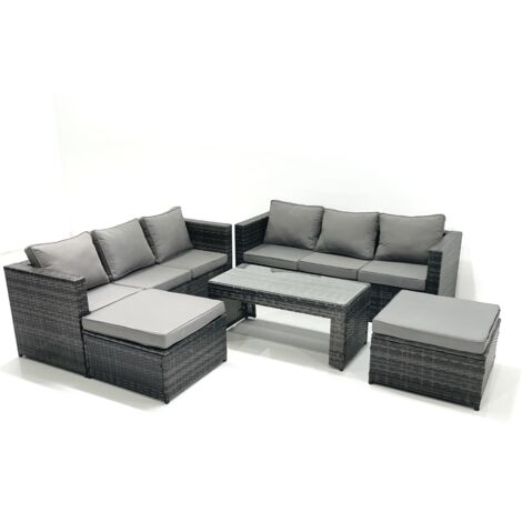 Fimous Salon de Jardin Extérieur avec Table basse carrée 2 Grand tabourets Gris foncé mixte