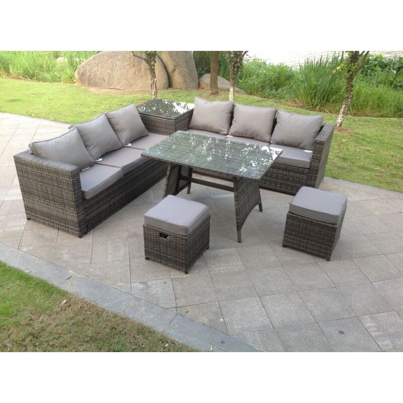 Salon de jardin exterieur Canapé d'angle Table à manger avec 2 Petits tabourets - Fimous