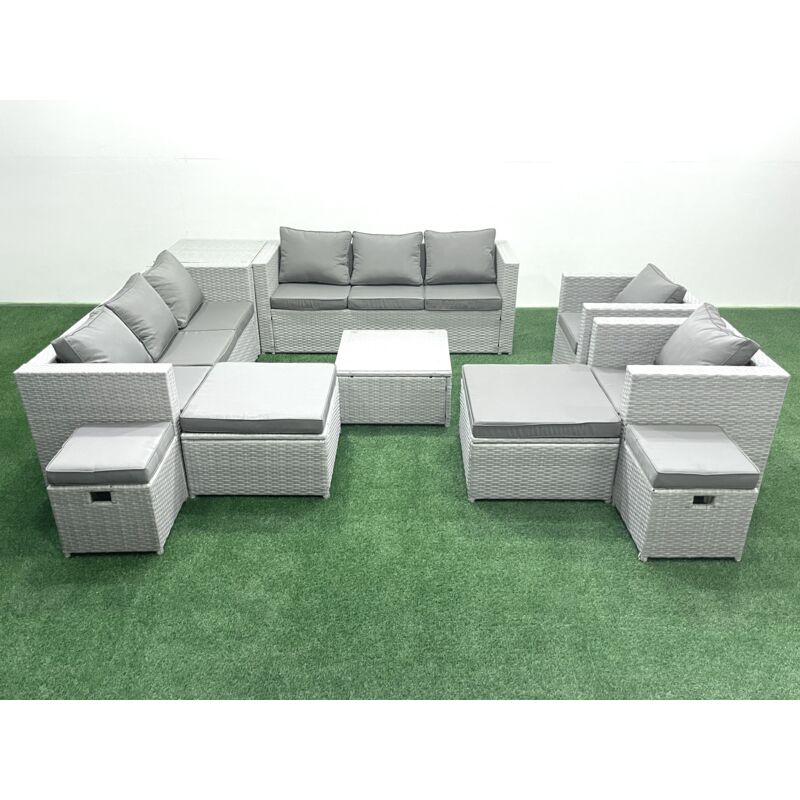 Fimous Salon de Jardin Exterieur en Résine 12 places avec Canapé 4 Tabourets Table d'appoint Gris clair mixte