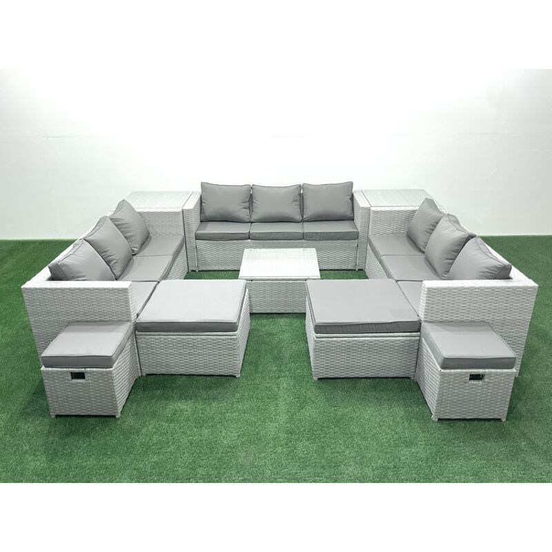 Salon de Jardin Exterieur en Résine 14 places avec Canapé 2 Tables d'appoint 4 Tabourets Gris clair mixte - Fimous
