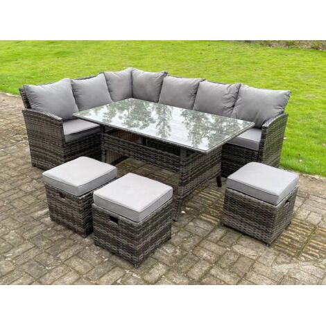 Fimous Salon de Jardin Exterieur en resine Canapé de Jardin Canape Exterieur Meuble de Jardin Table à manger rectangulaire 3 Petits tabourets 9 places