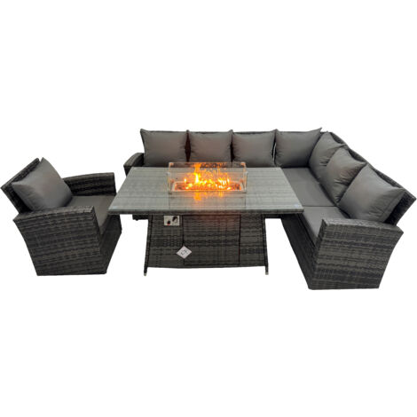 Fimous Salon de Jardin Exterieur en resine Canapé de Jardin Canape Exterieur Meuble de Jardin Table avec foyer à gaz  Fauteuil 7 places
