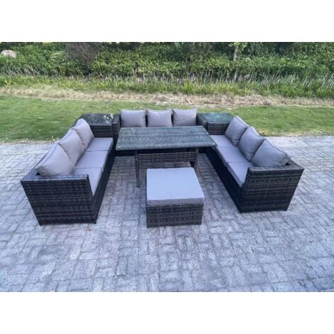 Fimous Salon de jardin exterieur en resine Table à manger rectangulaire avec Grands Tabouret 2 Tables d'appoint 10 places Gris foncé mélangé