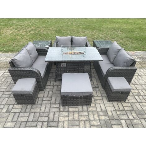 Fimous Salon de jardin Gas Fire Pit Table avec 2 Tables d'appoint Love Sofa 3 Tabourets Mélange gris foncé