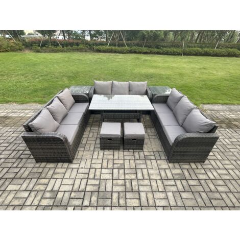Fimous Terrassen Rattan Gartenmöbel-Set mit Langer rechteckiger Esstisch 2 kleine Fußhockern 2 Beistelltisch 11 Sitzer Outdoor Garten Sofa Set Dunkelgrau gemischt