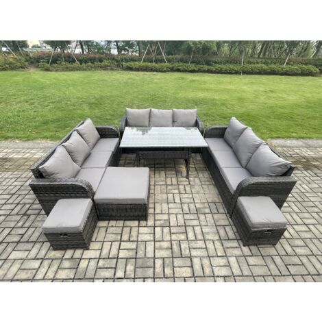 Fimous Terrassen Rattan Gartenmöbel-Set mit Langer rechteckiger Esstisch 3 Fußhockern 12 Sitzer Outdoor Garten Sofa Set Dunkelgrau gemischt
