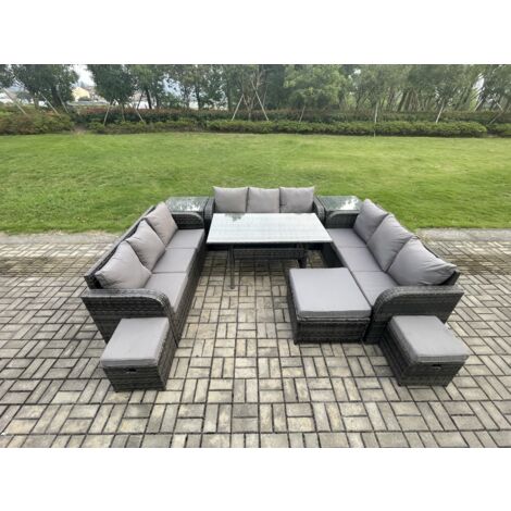 Fimous Terrassen Rattan Gartenmöbel-Set mit Langer rechteckiger Esstisch 3 Fußhockern 2 Beistelltisch 12 Sitzer Outdoor Garten Sofa Set Dunkelgrau gemischt