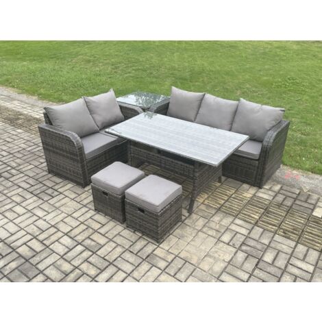 Fimous Terrassenmöbel Set Polyrattan Langer rechteckiger Esstisch und Lounge Sofa set mit Beistelltisch 2 kleine Fußhockern Dunkelgrau gemischt