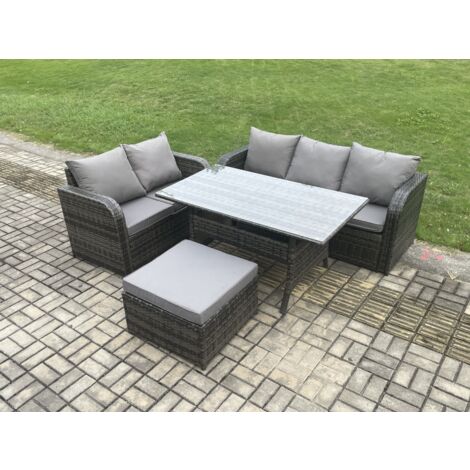 Fimous Terrassenmöbel Set Polyrattan Langer rechteckiger Esstisch und Lounge Sofa set mit Großer Fußhocker Dunkelgrau gemischt