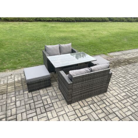 Fimous Terrassenmöbel Set Polyrattan Langer rechteckiger Esstisch und Loveseat Sofa set mit 2 Großer Hockern Dunkelgrau gemischt