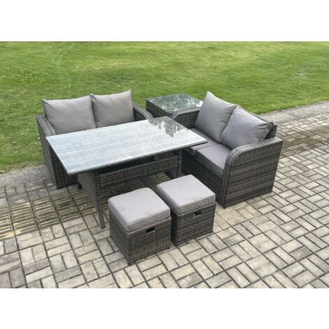 Fimous Terrassenmöbel Set Polyrattan Langer rechteckiger Esstisch und Loveseat Sofa set mit Beistelltisch 2 kleine Fußhockern Dunkelgrau gemischt