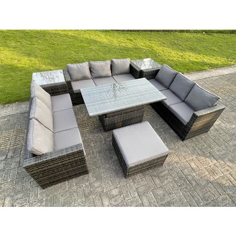 Fimous U Form Polyrattan Gartenmöbel Lounge Sofa Set Steigender Verstellbarer Anhebender Esstisch mit 2 Side Couchtisch Extra Groß Hocker
