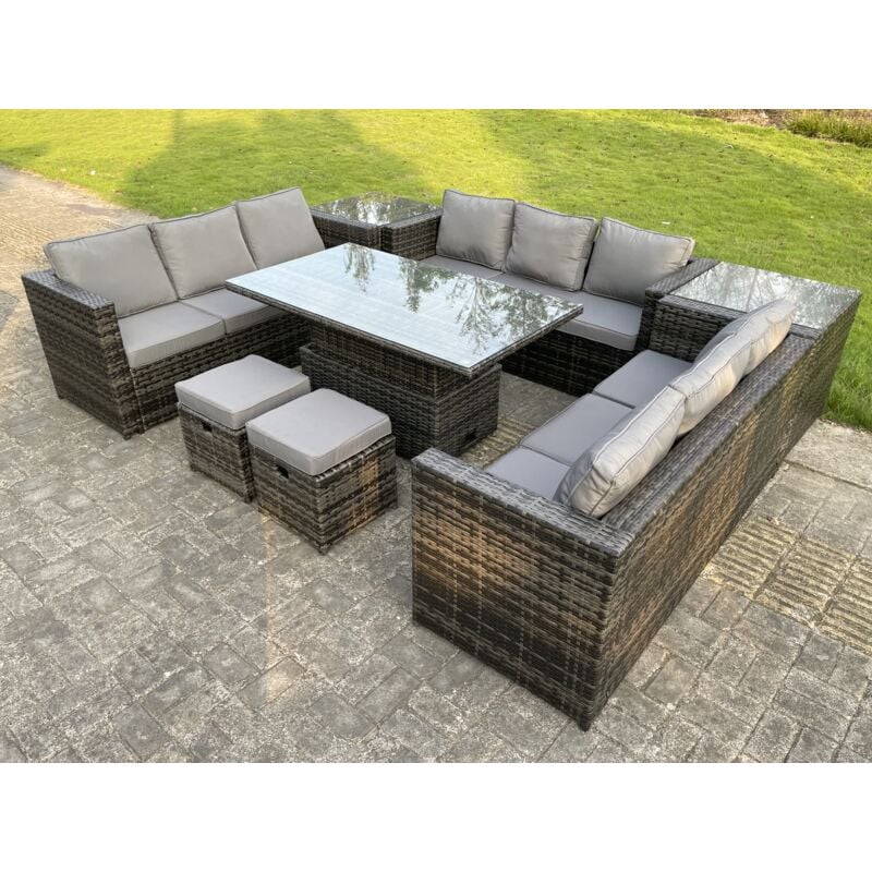 Fimous U Rotin Meubles De Jardin Chaises À Manger Set Réglable Table À Manger Avec 2 Tables Basses Latérales 2 Tabourets Supplémentaires