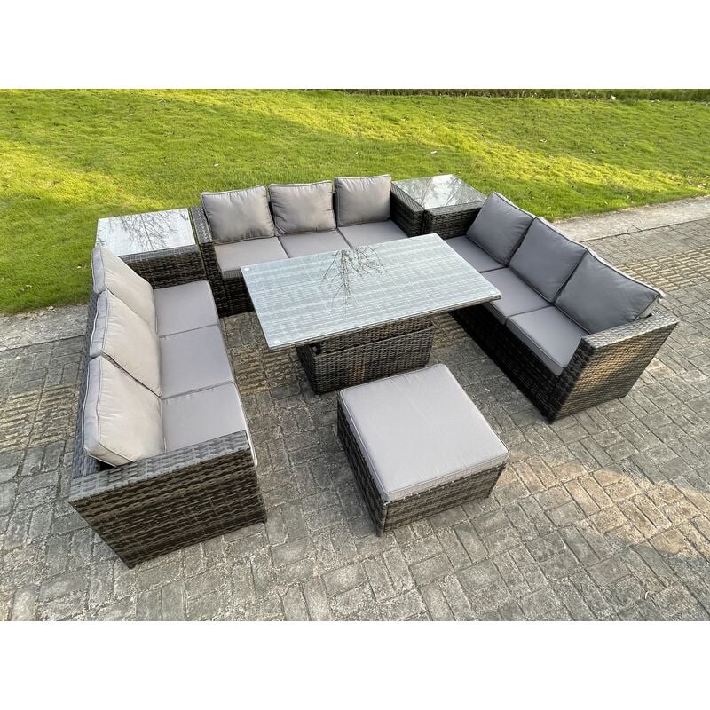 U Rotin Meubles De Jardin Salle à Manger Ensemble De Chaises Réglable Table à Manger Avec Table Basse 2 Côtés - Fimous