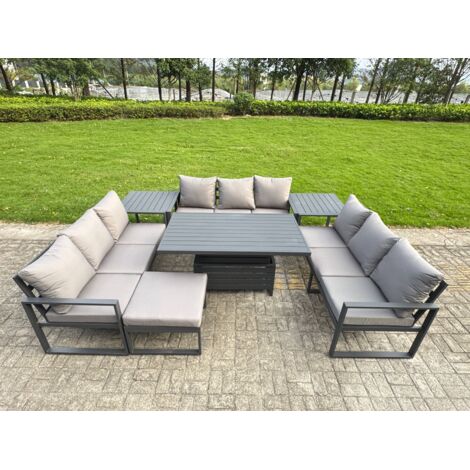 Fimous U-shaped Garden Furniture Set 10-Seater Aluminium Outdoor Dining Set with Adjustable Rising Lifting Dining Table 2 Side Tables Big Footstool Dark Grey
