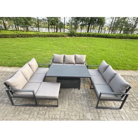 Fimous U-shaped Garden Furniture Set 10-Seater Aluminium Outdoor Dining Set with Adjustable Rising Lifting Dining Table Big Footstool Dark Grey