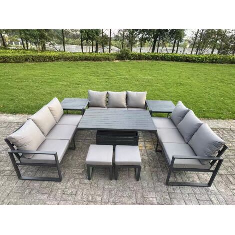 Fimous U-shaped Garden Furniture Set 11-Seater Aluminium Outdoor Dining Set with Adjustable Rising Lifting Dining Table 2 Side Tables 2 Small Footstools Dark Grey