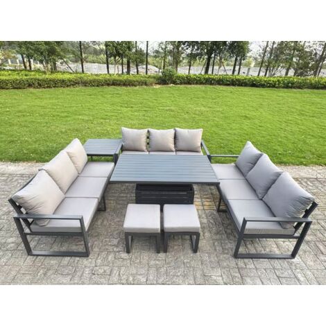 Fimous U-shaped Garden Furniture Set 11-Seater Aluminium Outdoor Dining Set with Adjustable Rising Lifting Dining Table Side Table 2 Small Footstools Dark Grey