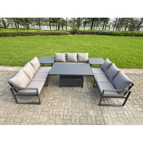 Fimous U-shaped Garden Furniture Set 9-Seater Aluminium Outdoor Dining Set with Adjustable Rising Lifting Dining Table 2 Side Tables Dark Grey