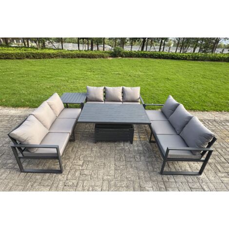 Fimous U-shaped Garden Furniture Set 9-Seater Aluminium Outdoor Dining Set with Adjustable Rising Lifting Dining Table Side Table Dark Grey