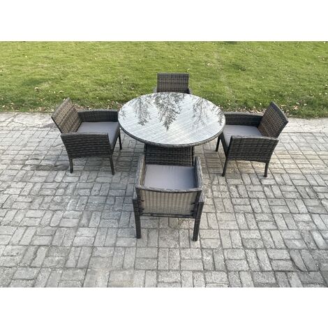 Fimous Wicker PE Outdoor Rattan Garden Furniture Arm Chair And Table Dining Sets 4 Seater Medium Round Table Dark Grey Mixed