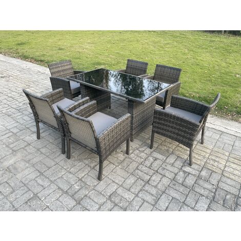 Fimous Wicker PE Outdoor Rattan Garden Furniture Arm Chair And Table Dining Sets 6 Seater Rectangular Table Dark Grey Mixed