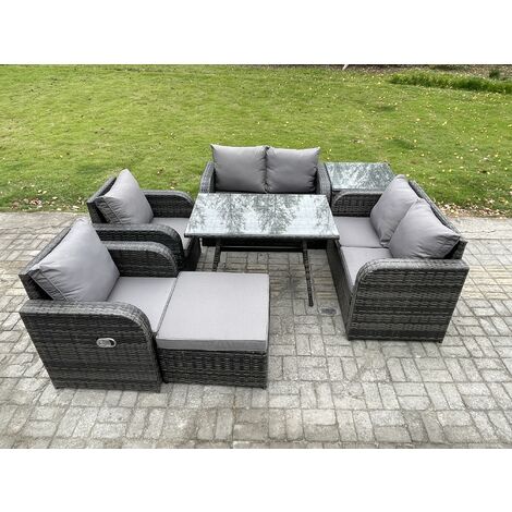 Fimous Wicker PE Rattan Garden Dining Set Outdoor Furniture Sofa with Rectangular Dining Table Big Footstool Side Table Dark Grey Mixed