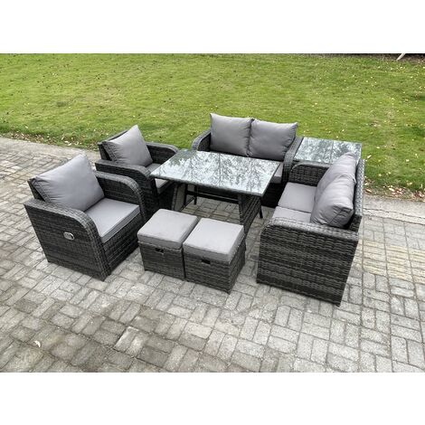 Fimous Wicker PE Rattan Garden Dining Set Outdoor Furniture Sofa with Rectangular Dining Table Side Table 2 Small Footstools Dark Grey Mixed