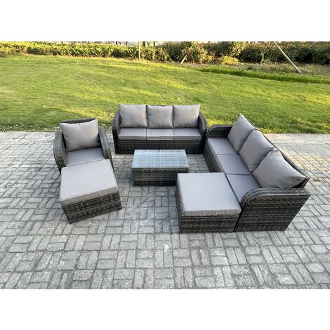 Fimous Wicker PE Rattan Garden Furniture Set 9 Seater Outdoor Lounge Sofa Set with Coffee Table 2 Big Footstool Dark Grey Mixed