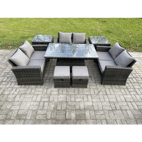 Fimous Wicker PE Rattan Garden Furniture Set Height Adjustable Rising Lifting Table Sofa Dining Set with Double Seat Sofa 2 Small Footstools 2 Side Tables Dark Grey Mixed