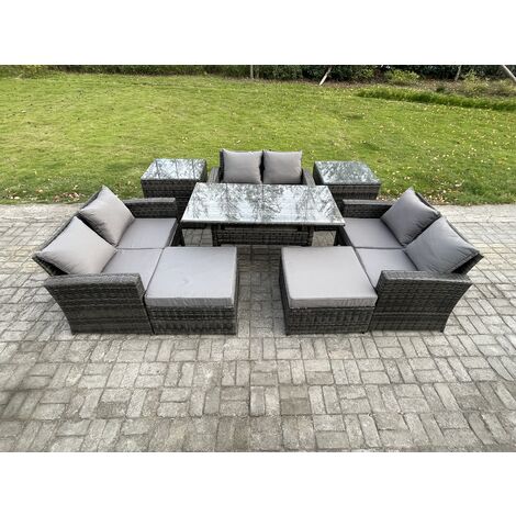 Fimous Wicker PE Rattan Garden Furniture Sets Outdoor Lounge Sofa Set with Oblong Dining Table Double Seat Sofa 2 Big Footstool 2 Side Tables Dark Grey Mixed
