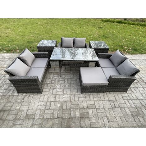 Fimous Wicker PE Rattan Garden Furniture Sets Outdoor Lounge Sofa Set with Oblong Dining Table Double Seat Sofa 2 Side Tables Big Footstool Dark Grey Mixed